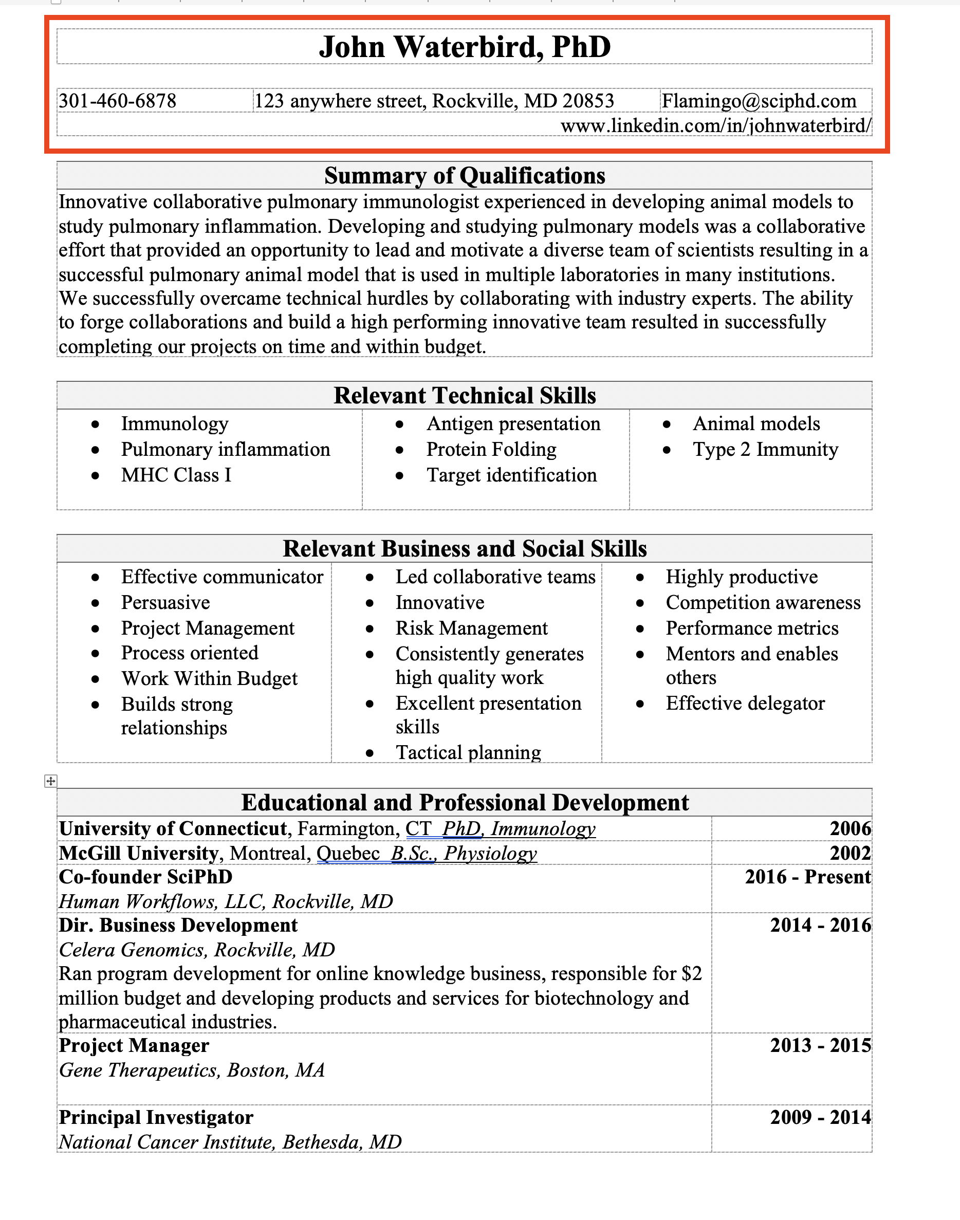personal info on a resume